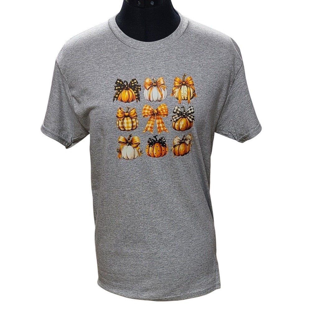 Fall Pumpkin Bow  Gray Graphic T-Shirt Women's Small